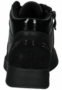 Black ankle boots featuring a combination of matte suede and shiny leather with a textured pattern and a side zipper closure.