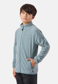 Veste en polaire bleu clair avec fermeture éclair à l'avant, col montant et poches latérales. Présente une broderie du logo sur la poitrine et une texture douce.