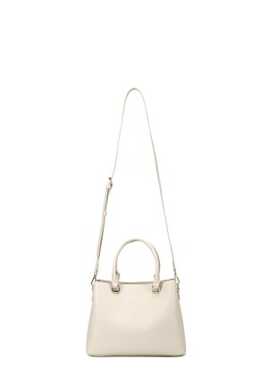 Borsa a tracolla in pelle beige con design strutturato, manici doppi e tracolla regolabile. Texture liscia con un discreto dettaglio del marchio.