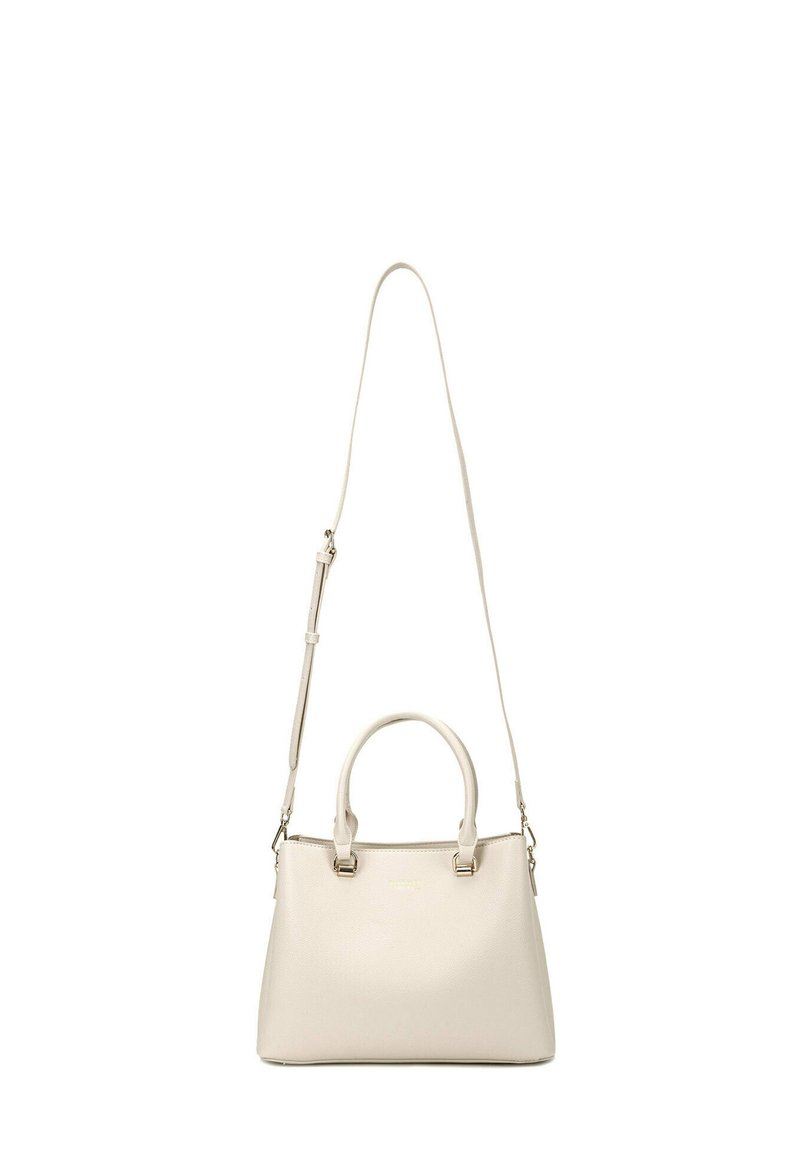 Beige leren handtas met gestructureerd ontwerp, dubbele handvatten en een verstelbare schouderriem. Gladde textuur met subtiele merkdetails.