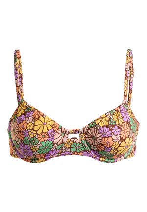 Blumen-Bikini-Oberteil mit verstellbaren Trägern; präsentiert sich mit einem braunen Grundton und blauen, orangefarbenen und grünen Blumenmustern; leicht geraffter Stoff.