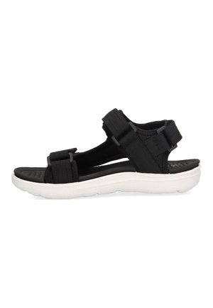Sandalias de tela negra con correas ajustables, suela acolchada y suela de goma blanca. Diseño simple con una plantilla texturizada.