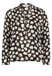 Blusa nera con un motivo astratto bianco e rosa, maniche lunghe, colletto a V e chiusura con bottoni sul davanti. Tessuto morbido e leggero.
