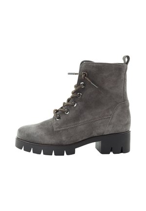 Gray suede ankle boot with lace-up front, black chunky sole, and low block heel, shown from the side on a white background.