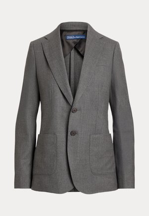 Gray tailored blazer with notched lapels, two brown buttons, and two front pockets. Made from textured fabric, suitable for formal wear.