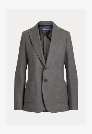 Blazer cinza ajustado com lapelas notched, dois botões castanhos e dois bolsos frontais. Feito de tecido texturizado, adequado para vestuário formal.