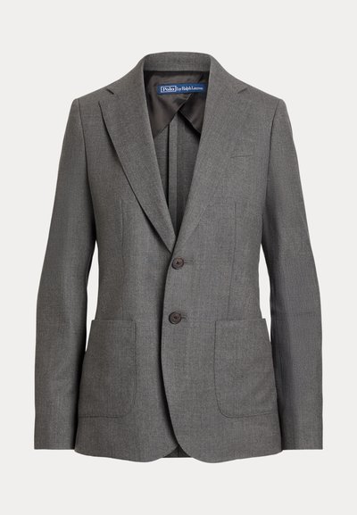Gray tailored blazer with notched lapels, two brown buttons, and two front pockets. Made from textured fabric, suitable for formal wear.