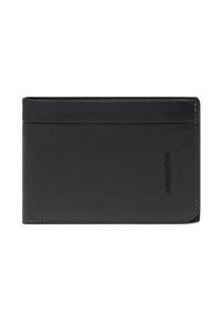 Cartera de cuero negro con acabado texturizado, con bordes cosidos y un logo sutil. Diseño delgado y rectangular con ranuras para tarjetas.