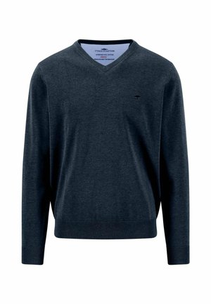 Ciemnoszary sweter z długim rękawem i dekoltem w serek, z prążkowanymi mankietami i dołem, z małym wyszywanym logo na lewej piersi.