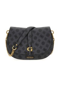 Borsa a tracolla in finta pelle nera con motivi circolari, finiture dorate, tracolla a catena e logo impresso sul davanti.
