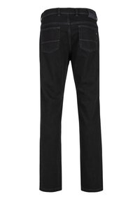 Zwarte denim jeans met een rechte pijpdesign, voorzien van twee achterzakken en een standaard tailleband met een label.