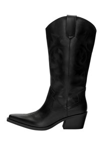 Zwarte leren cowboylaars met een spitse teen, middelhoge hak, decoratieve stitching en een trekband voor gemakkelijke aan- en uittrekken. Gladde textuur en hoge schacht.