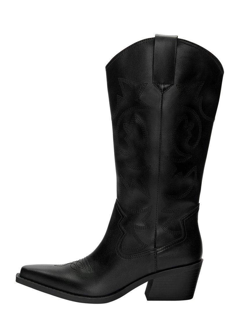 Zwarte leren cowboylaars met een spitse teen, middelhoge hak, decoratieve stitching en een trekband voor gemakkelijke aan- en uittrekken. Gladde textuur en hoge schacht.