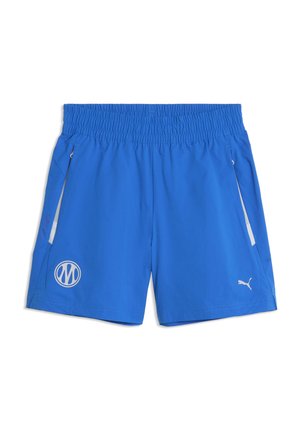 Niebieskie sportowe szorty z elastycznym pasem, bocznymi kieszeniami z białymi detalami i logo na przednich dolnych bokach.