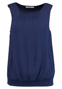 Mörkblå ärmlös topp i slätt tyg, med en samlad halsringning och elastisk nederkant för en avslappnad passform. Inga ytterligare mönster eller dekorationer.
