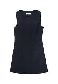 Navy sleeveless dress with a vertical pinstripe pattern, front button closure, and two side pockets, featuring a fitted design.