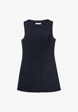 Navy mouwloze jurk met een verticale streepjespatroon, sluiting met knopen aan de voorkant en twee zijzakken, met een getailleerd ontwerp.