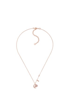 Collana in oro rosa con una delicata catena, caratterizzata da un ciondolo a forma di luna crescente con un design floreale e un piccolo accento a forma di stella.
