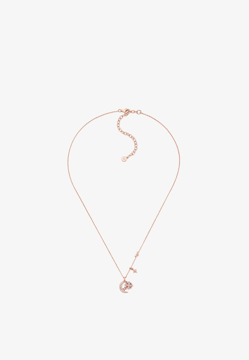 Collar de oro rosa con una delicada cadena, que presenta un charm de media luna con un diseño floral y un pequeño acento de estrella.