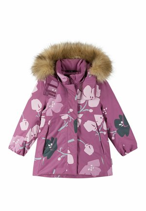 Giacca per bambini di colore viola con cappuccio in pelliccia sintetica, decorata con grandi motivi floreali rosa e verdi, con chiusura a zip frontale e maniche elasticizzate.