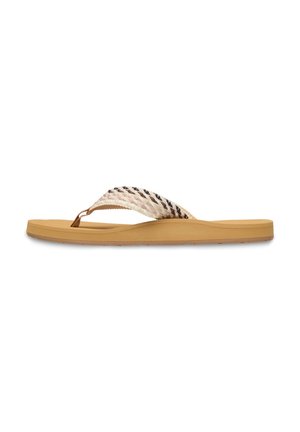 Enkelt brun flip-flop sandal med vævede beige og mørkebrune stribede stofremme og en let forhøjet polstret sål.
