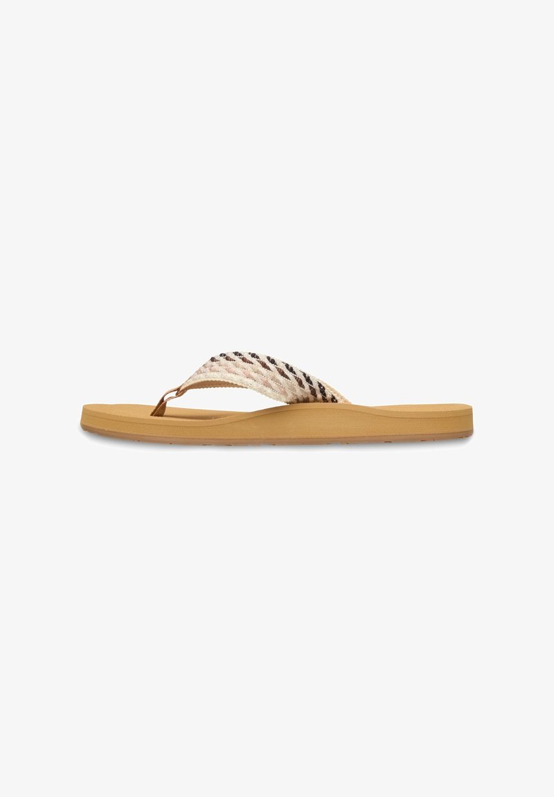 Une sandale tongs marron unique avec des brides en tissu tissé beige et marron foncé rayé et une semelle légèrement surélevée et rembourrée.