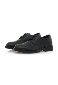 Schwarze Lederschuhe mit glatter Oberfläche, runder Spitze, Schnürdesign und Gummisohle, die mit detaillierten Nähten und gepolstertem Kragen ausgestattet sind.