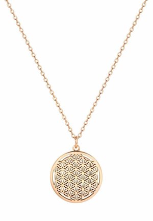 Rosa guld halskæde med en rund vedhæng med et geometrisk blomst af liv-mønster og et delikat kædeledsdesign.