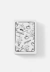 Playing cards with a white background featuring black line drawings of foxes, coffee cups, and "Café Kitsuné Paris" text in various placements.