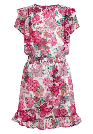Sukienka w kwiaty z falbankowymi krótkimi rękawami, elastyczną talią i warstwowym falbanowym dołem w odcieniach różu, fioletu, zieleni i bieli.