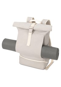 Roll-top backpack in light beige fabric with a gray yoga mat secured at the side. Features adjustable straps and a subtle contrast detailing.