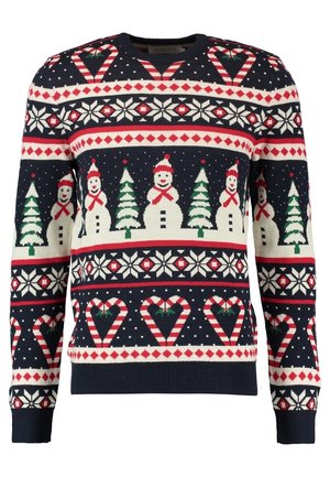 Pull marin avec des motifs festifs rouges et blancs, comprenant des bonhommes de neige, des sapins et des cannes en sucre. Col rond, poignets et ourlet côtelés. Texture en tricot.