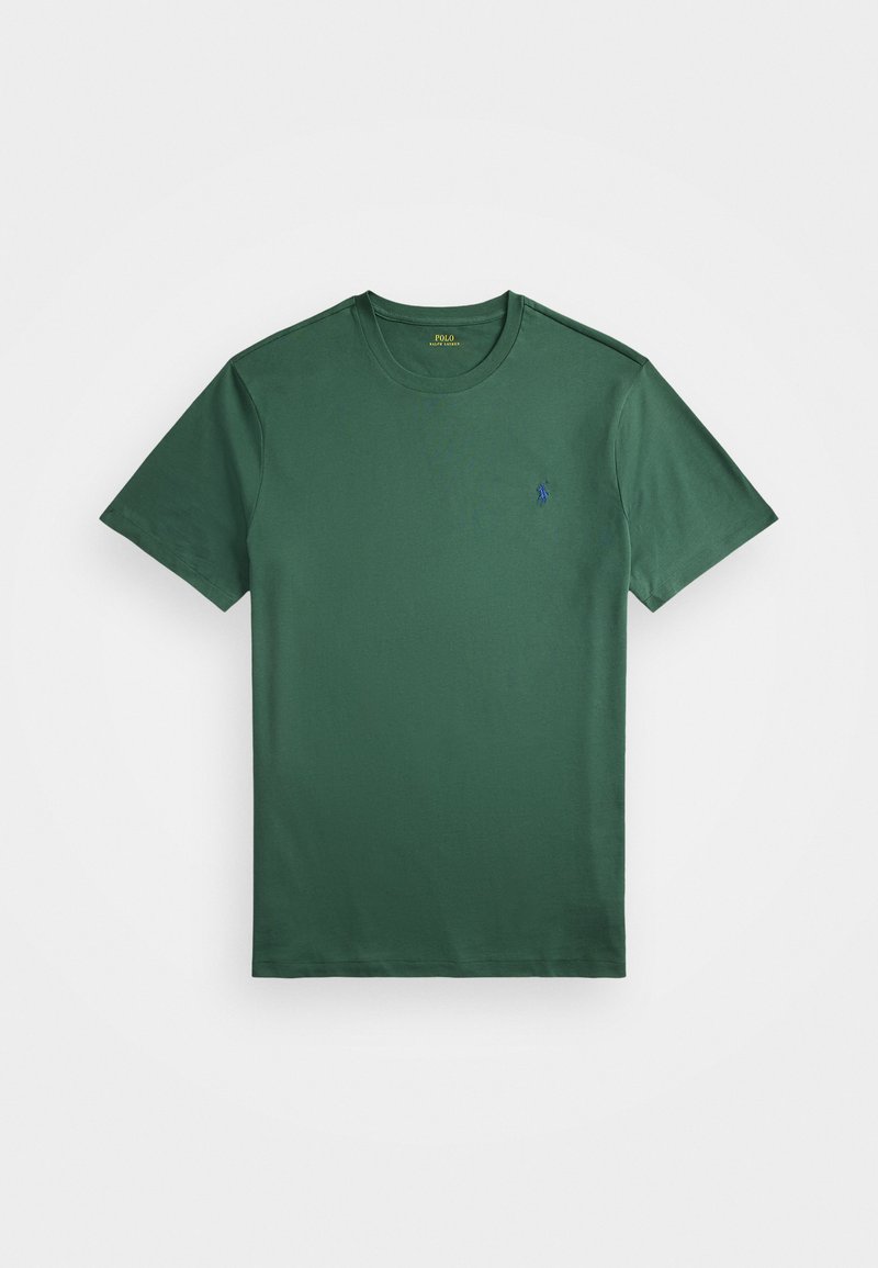 Grünes Baumwoll-T-Shirt mit Rundhalsausschnitt. Verfügt über kurze Ärmel und ein kleines blaues Logo auf der linken Brust. Glatte Textur, klassischer Schnitt.