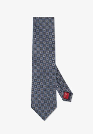 Granatowy krawat z geometrycznym wzorem kwadratów i motywami kwiatowymi w kolorach czerwonym, niebieskim i żółtym. Wykonany z gładkiej tkaniny, z zakończeniem w szpic i metką.