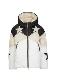 Gevoerde jas met een capuchon, met zwarte, beige en witte panelen. Opvallende sterrenpatronen in zwart en grijs. Twee zijritsen.