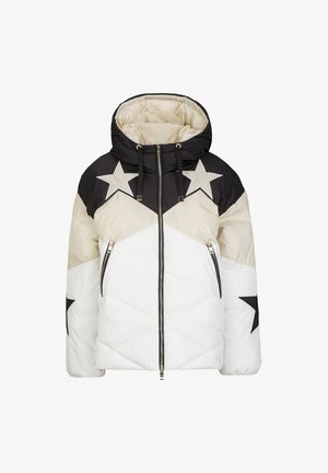 Gevoerde jas met een capuchon, met zwarte, beige en witte panelen. Opvallende sterrenpatronen in zwart en grijs. Twee zijritsen.