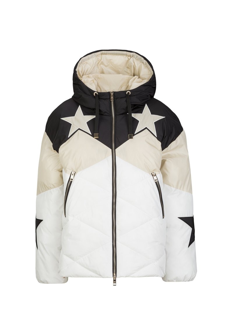 Gevoerde jas met een capuchon, met zwarte, beige en witte panelen. Opvallende sterrenpatronen in zwart en grijs. Twee zijritsen.