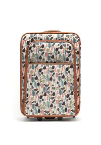 Hard-shell suitcase with a floral and leaf pattern in various colors. Features brown accents, a front zip pocket, and wheels for mobility.