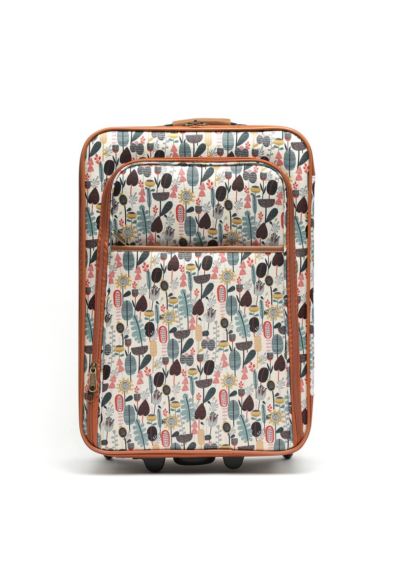 Hard-shell suitcase with a floral and leaf pattern in various colors. Features brown accents, a front zip pocket, and wheels for mobility.