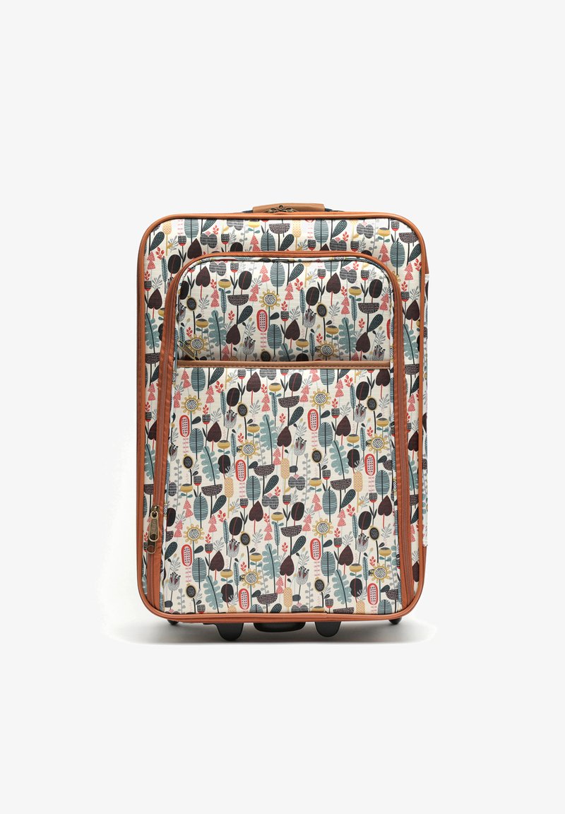 Trda kovček z cvetličnim in listnim vzorcem v različnih barvah. Ima rjave poudarke, sprednji žep na zadrgo in kolesa za boljšo mobilnost.