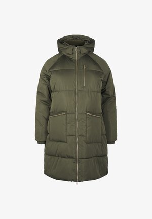 Olivgrön puffjacka med huva, som har en framsida med dragkedja, två dragkedjefickor och ett quiltat mönster för isolering.