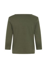 Chemise unie manches longues vert olive avec un ourlet droit et un large col rond, vue de dos.