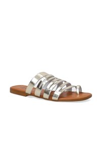 Metalliske sølvfarvede slidssandaler med flere stropdesigns og en brun sål; åbentået stil med en glat tekstur og slankt design.