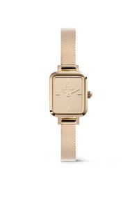 Goldfarbener rechteckiger Uhr mit einem minimalistischen Zifferblatt. Sie verfügt über ein strukturiertes, hellrosa Mesh-Armband und eine kleine Krone an der Seite.