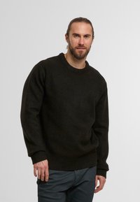 Dunkelgrüner Wollpullover mit Rundhalsausschnitt, gerippten Bündchen und Saum. Der Stoff wirkt weich mit einer leichten Textur und ist geeignet für Freizeitmode.