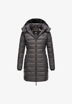 Cappotto impermeabile grigio scuro, con chiusura frontale a zip, cappuccio regolabile e polsini a coste. Il design trapuntato aggiunge texture e isolamento.