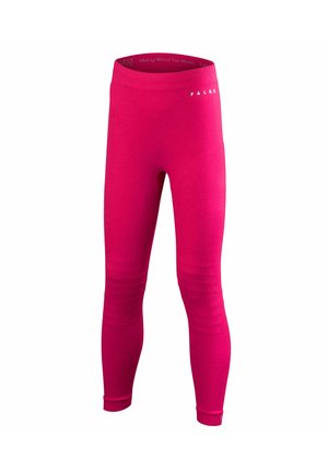 Leggings térmicos rosas con una textura suave, que cuentan con un diseño acanalado a lo largo de las piernas inferiores y una cintura elástica etiquetada como "FALKE."