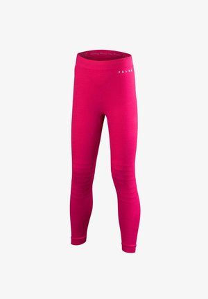Rosa termoleggenser med en glat tekstur, der har et ribbet design langs underbenene og en elastisk talje med teksten "FALKE."