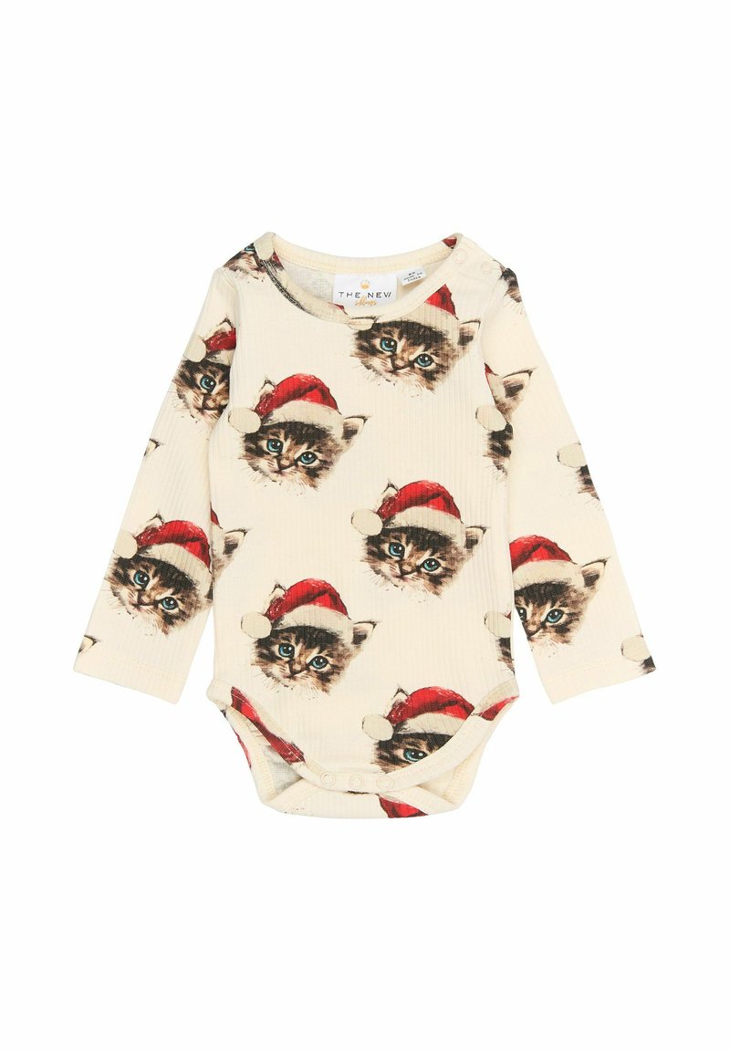 Long-sleeve onesie in cream with a ribbed texture, featuring a repeated print of cats wearing red Santa hats. Snap closures at the bottom.