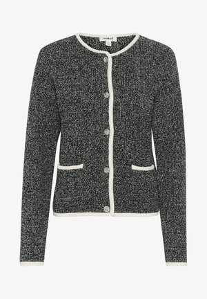 Strikket cardigan i sort og hvid, med rund hals, frontknapper og to lommer med hvide kanter. Struktureret stof med et subtilt mønster.